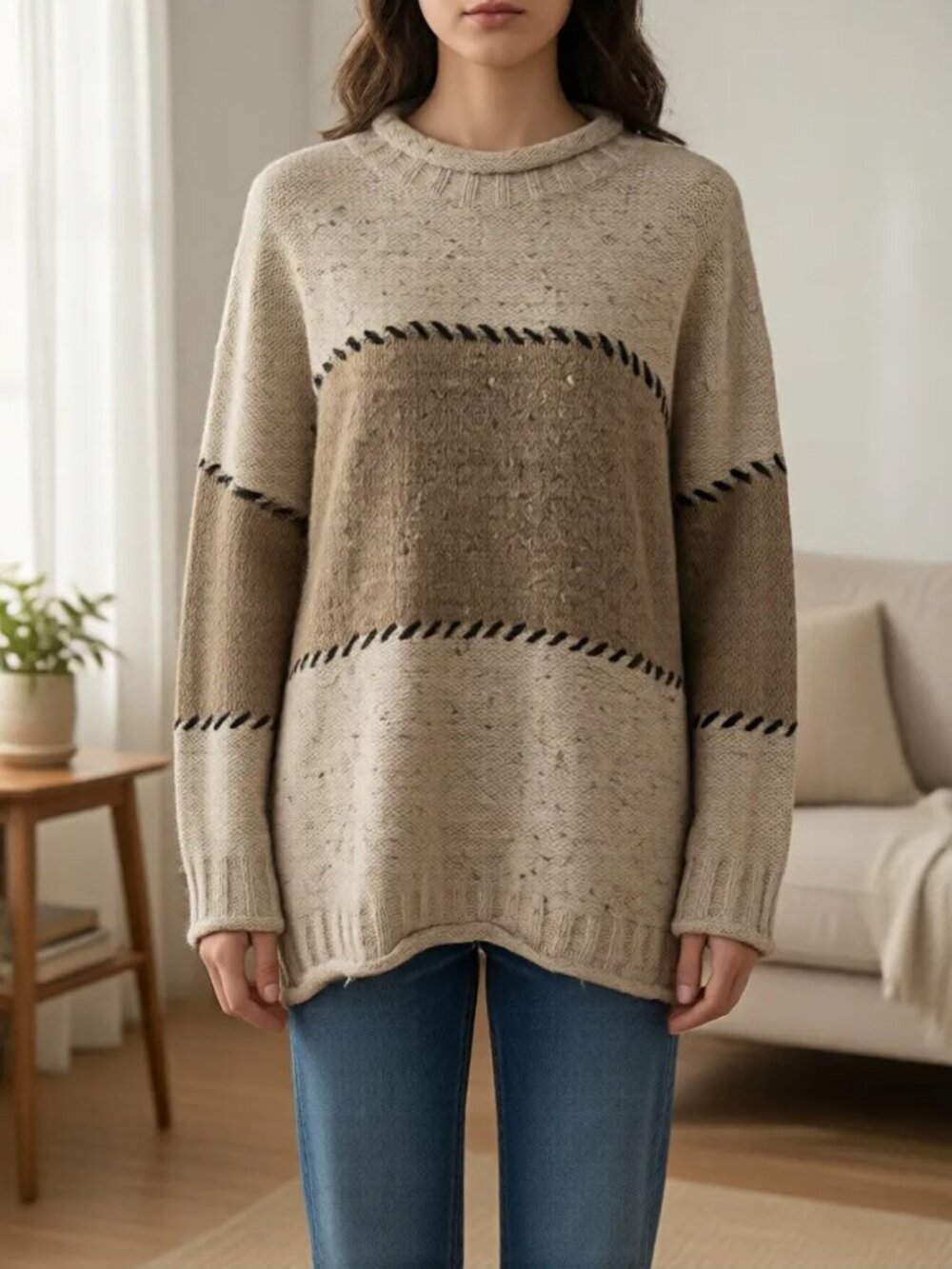 Vintage Bravo Wool Blend Knit Sweater Size Medium Two Tone Whipstitch Detail
